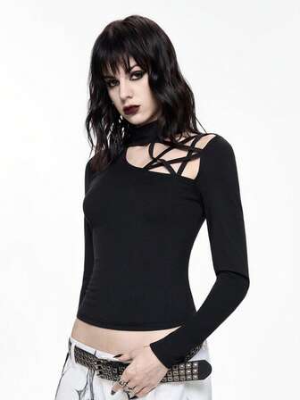 Gothic Cut Out-Stern Schulter Langarm Stehkragen Slim Fit T-Shirt