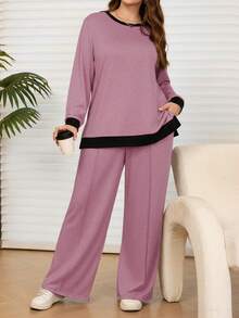 EMERY ROSE Bộ quần áo hoodie và quần nỉ màu xanh tương phản thường ngày cỡ lớn có túi dành cho nữ, mùa thu/đông - Bụi hồng - Xem 6