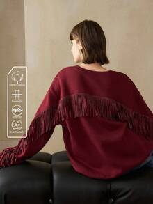 Arave Women's Cotton Loose Round Neck Fringe Design Everyday Casual Long Sleeve Sweatshirt    Winter Clothes For Women Tassel Sweatshirt Red Sweatshirt - Red - View 6