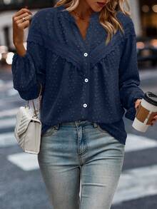 EMERY ROSE Women Button Front Long Sleeve Patchwork Blouse, Casual Everyday Wear Women Shirt