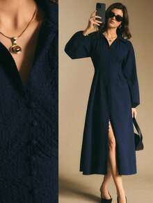 Poéselle 女式纯色长袖单排扣束腰优雅中长连衣裙 - 藏蓝色 - 查看 1