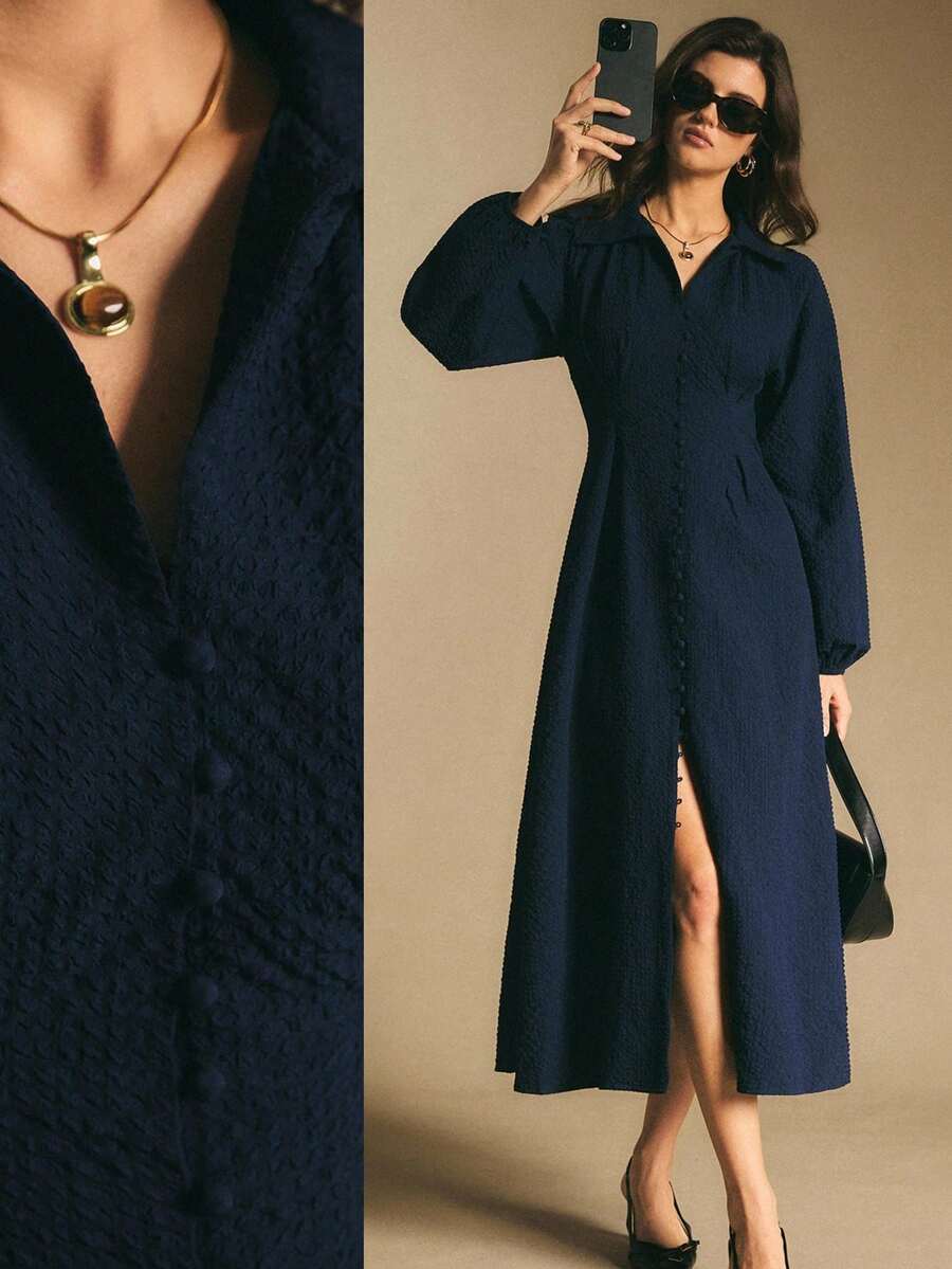 Poéselle 女式纯色长袖单排扣束腰优雅中长连衣裙 - 藏蓝色 - 查看 1