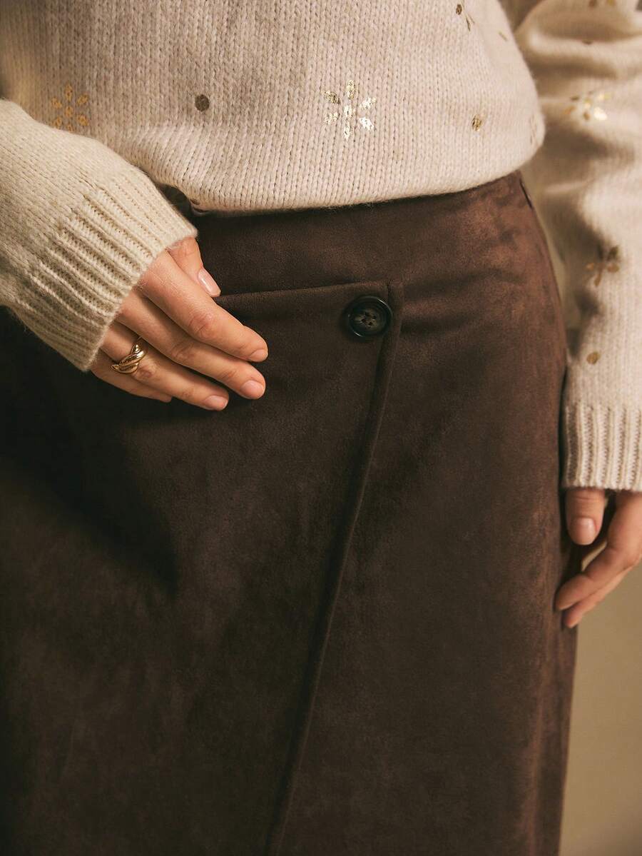 Poéselle 女士仿麂皮裹身中长裙，前开衩设计 – 棕色不对称纽扣细节裙，打造时尚秋冬造型。仿麂皮裹身中长裙，棕色中长裙，不对称设计，前开衩，秋冬裙装，舒适时尚，中性色调，适合女士日常休闲通勤、西部牛仔度假风。麂皮裹身纽扣开衩裙，棕色裙摆，新年女士冬季必备单品。 - 棕色 - 查看 1