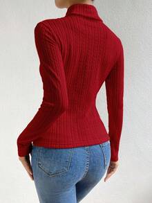 RosyDaze Kaos Wanita Lengan Panjang Kerah Tinggi Minimalis Warna Polos, Pakaian Sehari-hari - Merah - View 2
