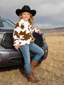 Young Girls' Luxury Elegant Faux Fur Jacket, Soft Plush Fabric, Collarless Design, Brown & White Contrast Color, Front White Gold-Edged Buttons, Loose Fit, Fashionable & Graceful, Suitable For Autumn/Winter