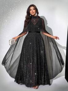 Viva Relle VPlus Size Elegant Long Sequin Party Dress - Black - View 4