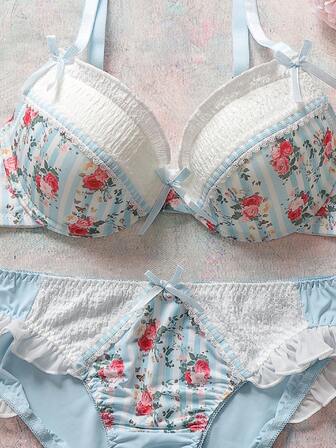 FloralLove 2 件花卉可爱缎面钢圈聚拢半罩杯文胸套装，带衬垫，无肩带，荷叶边饰边，网眼插入物，舒适，浪漫乡村风格女士内衣套装
