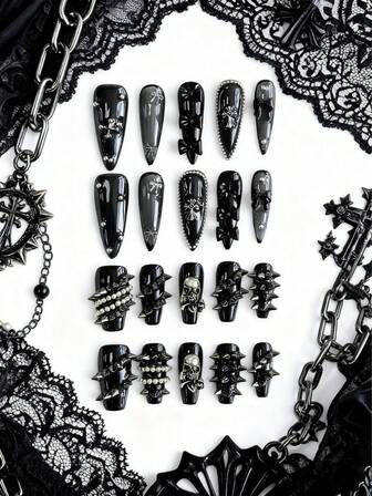 Anime 20 Stücke dunkle Gothic-Stil vernietete Stahlkugel-Schädel-Elemente, hochwertig handgefertigt, Fake Nägel + 6 doppelseitiges Klebeband, Punk-Stil abnehmbare lange mandelförmige und mittelgroße sargförmige Panzerung, geeignet für Feierlichkeiten, Proms und den täglichen Gebrauch.