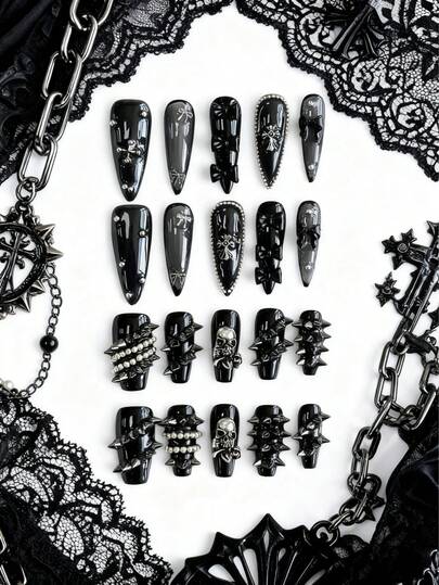 Anime 20 piezas de elementos de calavera de acero roblonado de estilo gótico oscuro de alta calidad hechos a mano + 6 cintas adhesivas de doble cara, traje de armadura de estilo punk removible con forma de almendra larga y ataúd medio largo, adecuado para fiestas, bailes de graduación y uso diario.