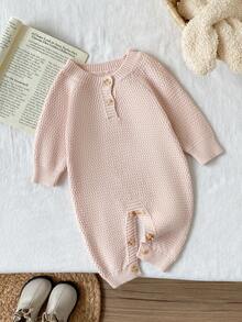 SHEIN Vintaside Kids 婴儿/女婴针织连体衣，长袖纽扣式连体衣，厚实柔软舒适面料，方便按扣，适合冬季、秋季、新生儿、婴儿、幼儿、万圣节、圣诞节、度假、节日、居家 - 米色 - 查看 1