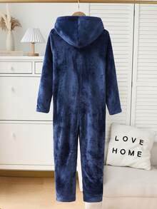 Einfacher, klassischer marineblauer Flanell Jumpsuit mit Kapuze und Reißverschluss Einfarbig für Jungen, perfekt für den Winter. Schlafanzug für Jungen - marineblau - Übersicht 2