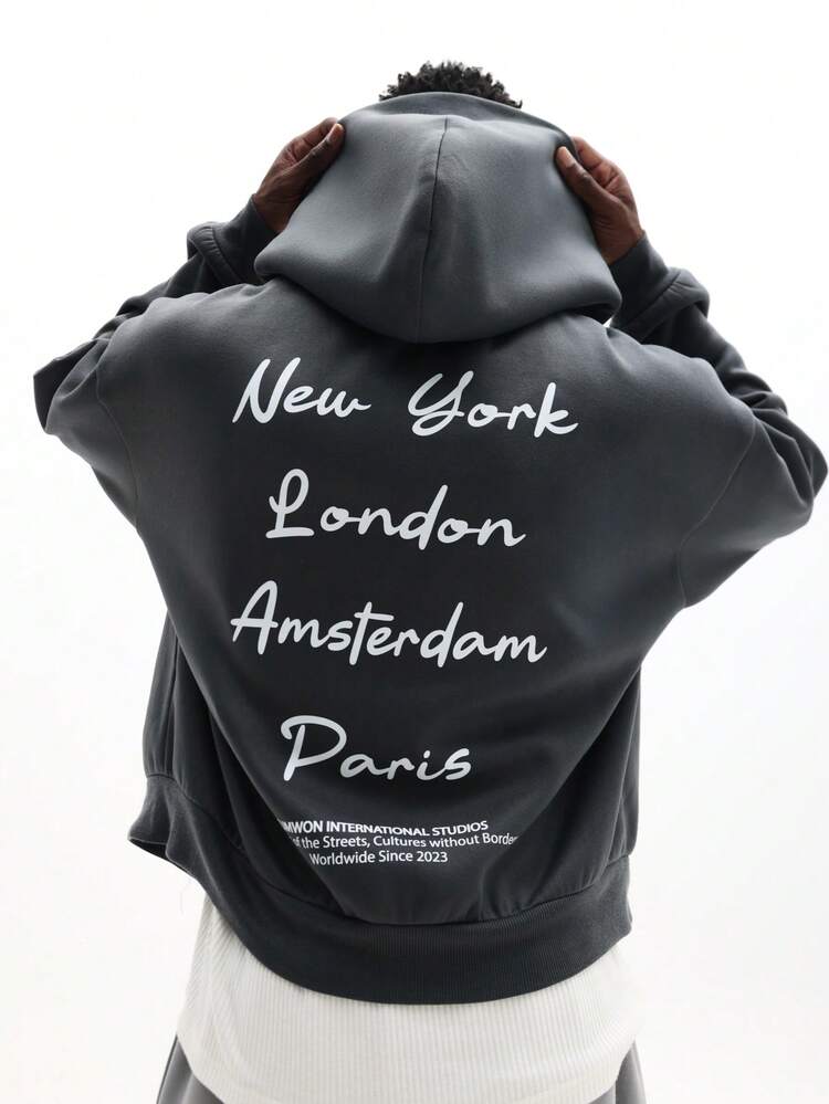 Boxy Fit Zip Hoodie With City Print