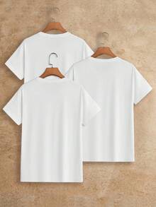 Manfinity BRENVOR 3 chiếc/gói Áo thun nam tay ngắn dệt kim màu trơn thường ngày, thích hợp mặc hàng ngày, mùa hè - trắng - Xem 2