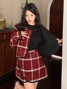 DAZY 女士优雅图案外套和裙子两件套，适合秋季、新年、圣诞节穿着 - 酒紅色 - 查看 7