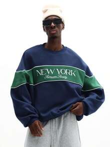 SUMWON Sweat-shirt-shirt color block pour hommes avec imprimé "New York Sunwon Society" sur la poitrine, manches longues, col ras-du-cou, pull décontracté - Bleu azur - Voir 1