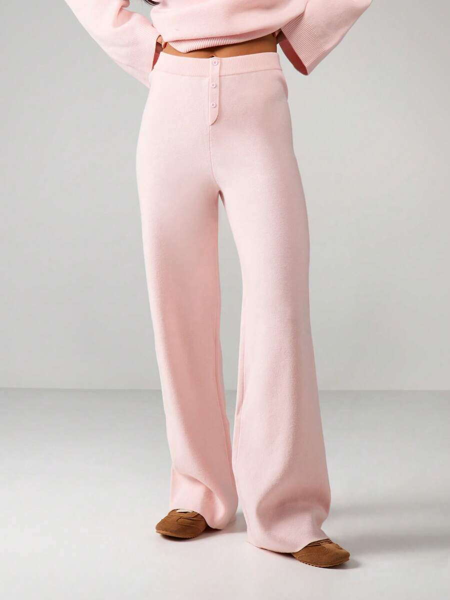MISSGUIDED High Rise Ribbed Knit Straight Leg Pants With Button Front Waistband Detail - Baby Pink - View 1