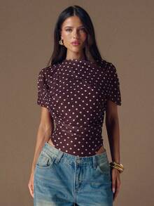 SHEIN BAE 棕色波点高领褶皱优雅连体衣，适合鸡尾酒会、浪漫约会、秋冬季内搭、聚会、派对、正式活动、万圣节、圣诞节等场合。 - 棕色 - 查看 3