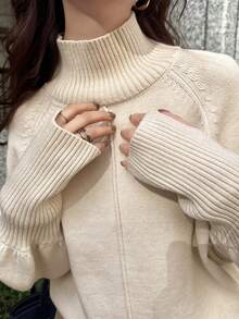 FRIFUL 女士休闲日常通勤简约纯色高领灯笼袖宽松针织衫，秋冬款 - 米色 - 查看 5