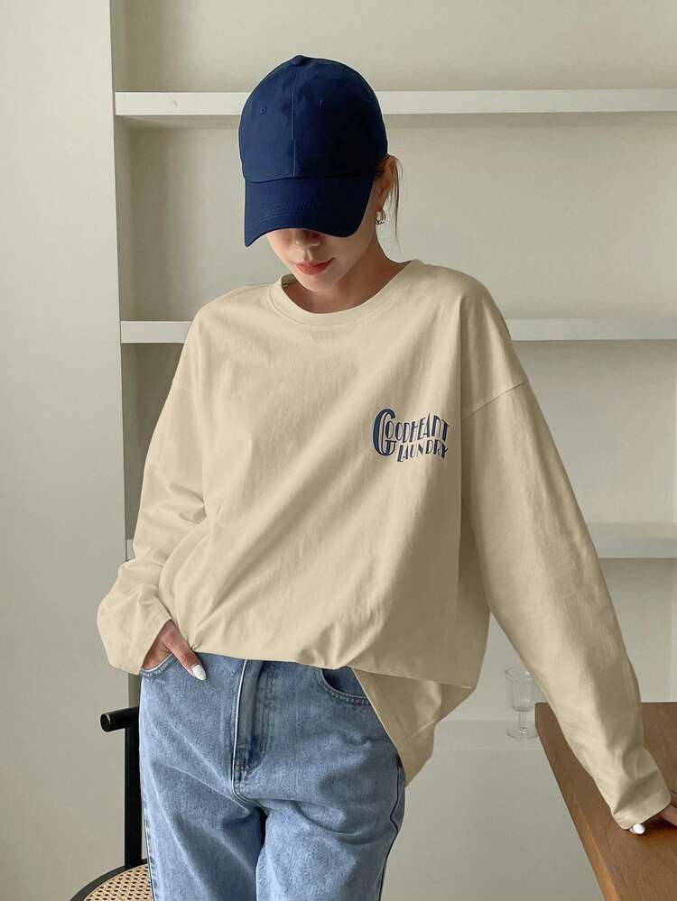 Women's Slogan & Heart Print Round Neck Dropped Shoulder Long Sleeve Casual Loose T-Shirt Graphic Tee