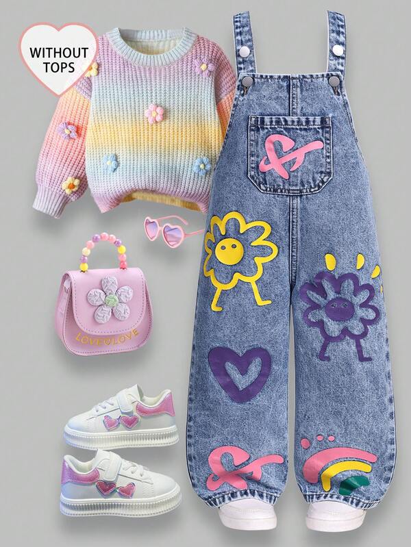 SHEIN Mono informal de denim suave y cómodo con estampado de flores, corazones y arcoiris para niñas