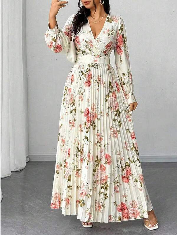 SHEIN Elenzya 女士优雅浪漫碎花长袖V领褶皱飘逸长裙，适合派对、婚礼、春秋季穿着。