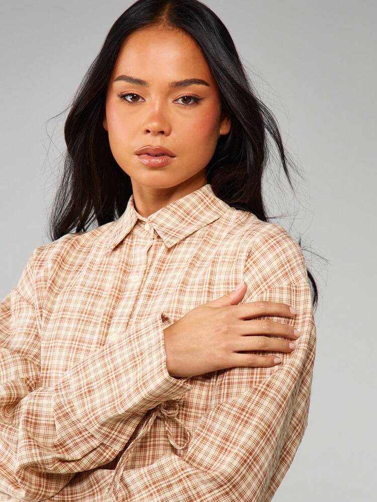 MISSGUIDED Chemise à carreaux avec cordon de serrage à la taille et manches longues pour le port casual au bureau en automne et hiver