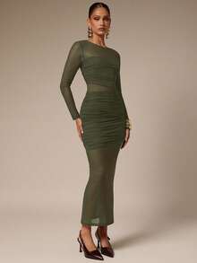 Silquee Vestido ajustado de fiesta elegante de mujer de unicolor con malla fruncida - Verde militar - Ver 5