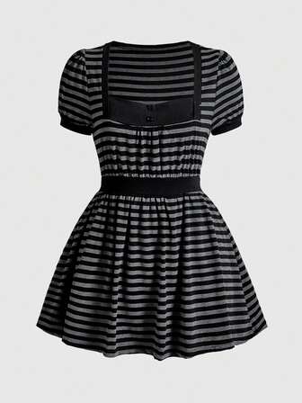 Vestido mini de línea A con mangas abullonadas y rayas, estilo universitario kawaii