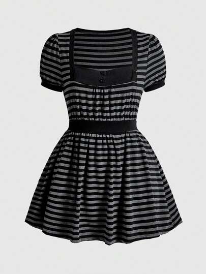 Kawaii Robe mini style collège à manches bouffantes rayées en forme de ligne A