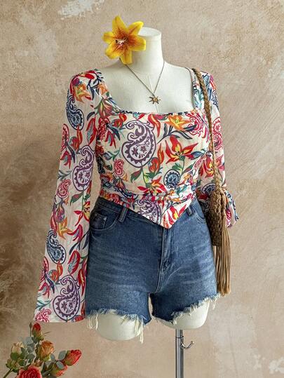 Dreamara Plus Size Women Back To School/Fall Vacation, Floral Print Ruffle Flare Sleeve Babydoll Top Boho