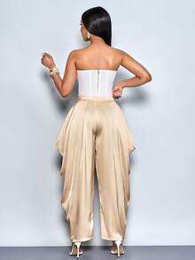 SOLERSUN Women's Elegant Fashion Loose Champagne Pleated Pocket Satin Pants, Suitable For Afternoon Tea, Gathering, Fashionable Outing, Dating, Sweet Outing, Night Out, Christmas Party, New Year's Eve, Holiday, Sexy Women's, Club,Suitable For Christmas Party Vacation & Valentine's Day Dating - Apricot - View 2