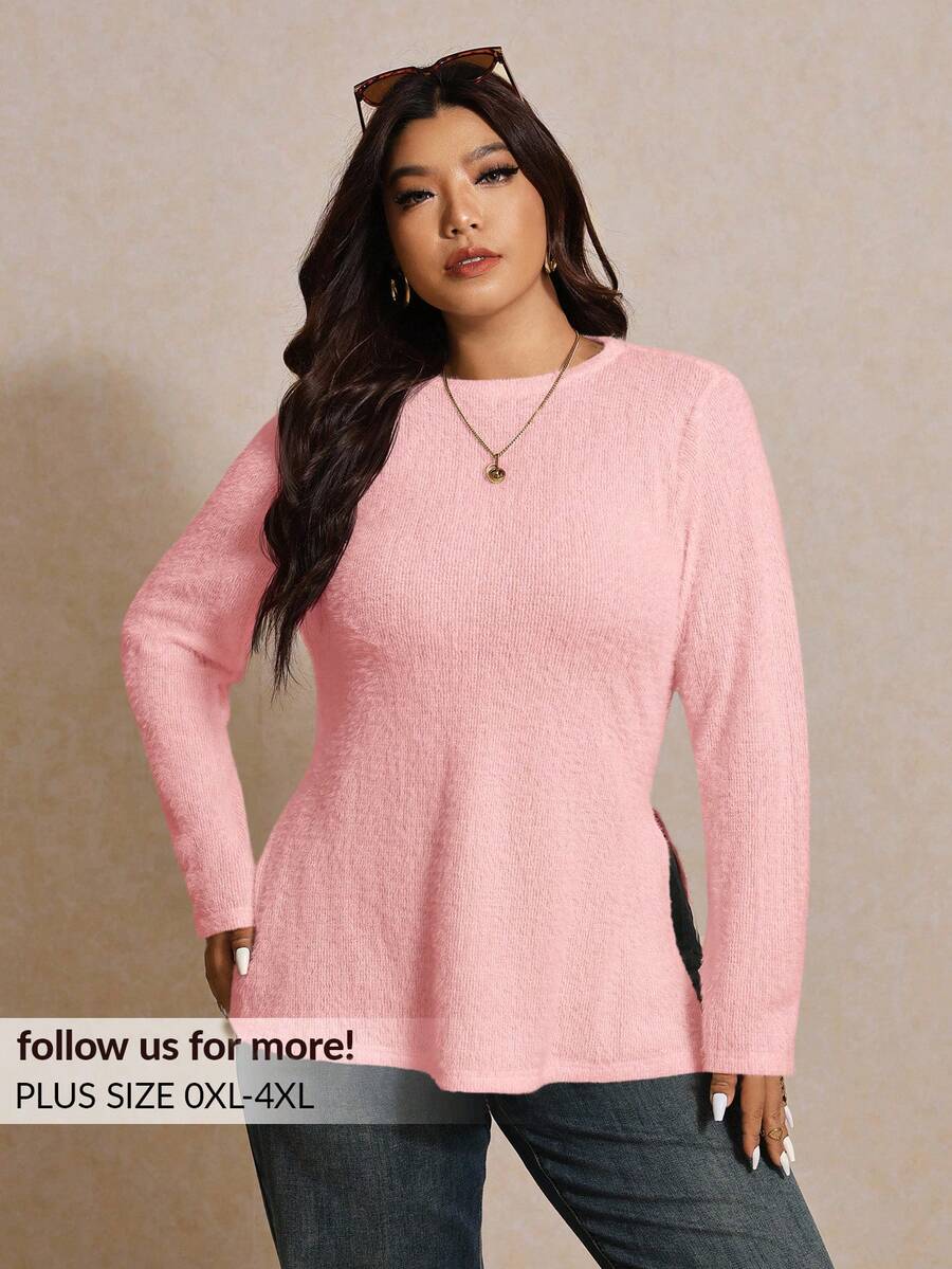Elaquor Plus Size Casual Side Slit Solid Color Round Neck Regular Shoulder Long Sleeve T-Shirt Pink - Pink - View 1