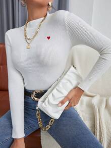 INAWLY Suéter de manga larga con cuello alto acanalado y ajuste ceñido con bordado de corazón - Blanco - Ver 3