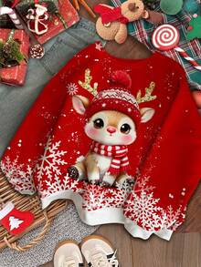 Tween Girl Red Autumn Cute Graphic Christmas Reindeer Snowflake Pattern Sweatshirt,Loose Fit Crew Neck Long Sleeve Birthday Festive Casual Top - Multicolor - View 2