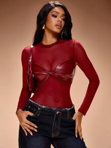 Radiana Áo liền thân lưới xuyên thấu phối màu đỏ rượu vang gợi cảm dành cho nữ cỡ lớn, kiểu dáng đường phố, tay dài trong suốt thời trang. - Đỏ - Xem 10