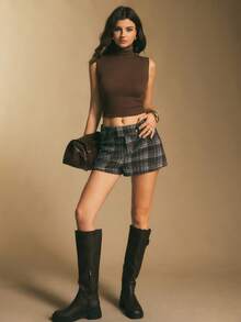 Poéselle 女士休闲格子印花短裤，羊毛短裤，美式复古风，方格短裤，格子短裤，新年款，适合日常穿着、派对、外出、通勤、秋冬季 - 棕色 - 查看 3