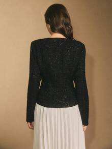 Poéselle 女士亮片领金属花卉装饰开衩下摆修身夹克，黑色亮片粗花呢夹克，闪亮夹克，女士冬季夹克，圣诞派对，奢华晚宴，新年，适合日常穿着、派对、外出、通勤、秋冬季 - 黑色 - 查看 8