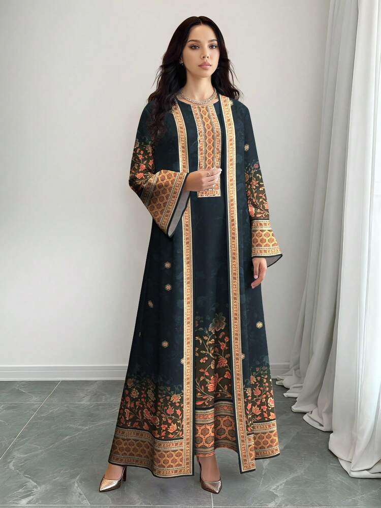 SHEIN Najma Women's Retro Floral & Plant Print Long Sleeve Casual Arabic Style Outfit Set, Spring/Autumn - Multicolor - View 4