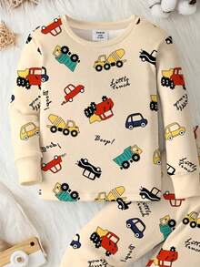 SHEIN Baby Jungen Lässig Minimalist Mode Klassisch Cool Niedlich Baufahrzeug, Auto, Transport Muster Muster Eng anliegende Crew Neck Bequeme Lange Hose Pyjamas, Geeignet für Herbst/Winter