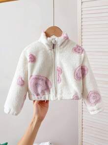 SHEIN Áo khoác cho bé gái 6 tháng-3 tuổi, kiểu dáng thường ngày, tay dài, màu hồng in hình trái tim, chất liệu vải nỉ trắng, thích hợp mặc đi dã ngoại, phong cách mùa thu. - trắng - Xem 1