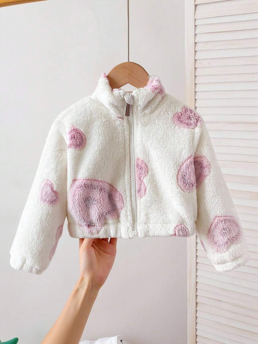 SHEIN Áo khoác cho bé gái 6 tháng-3 tuổi, kiểu dáng thường ngày, tay dài, màu hồng in hình trái tim, chất liệu vải nỉ trắng, thích hợp mặc đi dã ngoại, phong cách mùa thu. - trắng - Xem 1