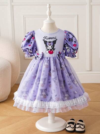 HELLO KITTY AND FRIENDS | SHEIN 年轻女孩可爱卡通图案撞色网眼荷叶边泡泡袖甜美连衣裙