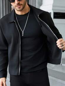 Manfinity CasualCool 休闲酷炫男士黑色拉链羊毛夹克 - 大码，适合万圣节、圣诞节、休闲街头穿搭和约会，是送给男友/丈夫的完美礼物，适合特殊场合。男士短款夹克，针织夹克，男士外套，长袖拉链衬衫 - 黑色 - 查看 6