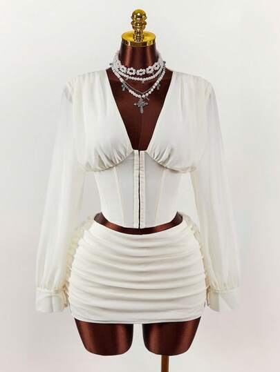 Amplova Blusa romántica y vintage con mangas de farol y cintura ceñida, conjunto de 2 piezas con minifalda ajustada para mujer