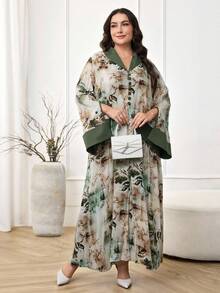 Al Najma Vestido árabe feminino plus size com decote em V e pintura a tinta em cores contrastantes - Verde - Ver 7
