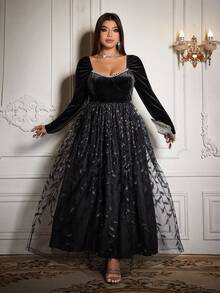 Flirla 优雅性感公主风复古珍珠亮片网纱天鹅绒派对舞会长裙，修身A字廓形，大码女装，秋冬款 - 黑色 - 查看 5