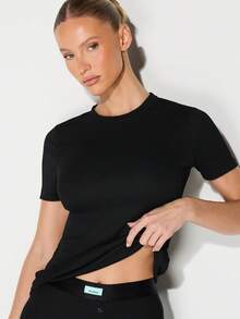 KIZN 女士罗纹T恤和纽扣短袖家居服套装，舒适家居服睡衣 - 黑色 - 查看 5