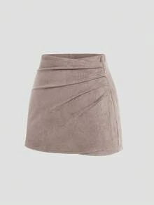 Sweetra Váy ngắn đi làm tối giản xếp ly da lộn cỡ lớn có khóa kéo bất đối xứng, thu/đông - Bụi tím - Xem 3