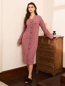 Moireta Women's Contrast Color Long Sleeve Nightgown, Winter - Redwood - View 4
