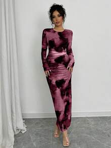 Elenzga 优雅渐变长袖修身女式连衣裙长裙套装 - 中紫紅色 - 查看 3